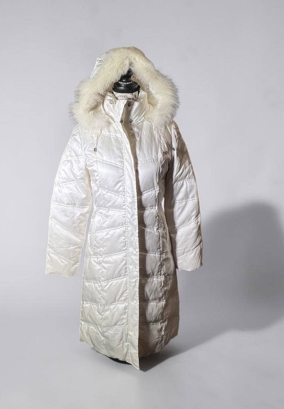EMA3 White Long Quilted Puffer Coat Real Fur Trim Duck Down Jacket Women's S 36